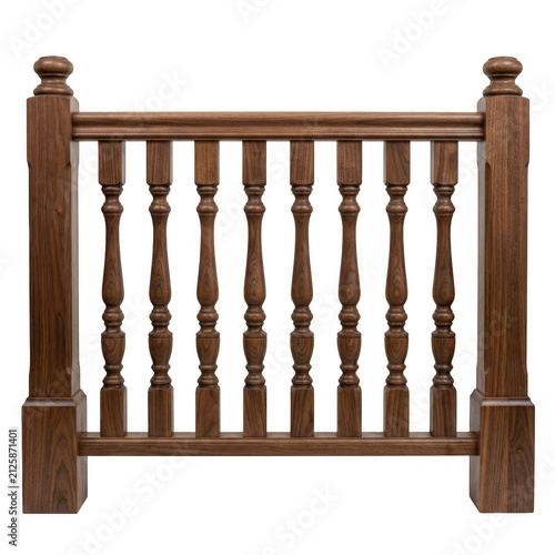 Wooden staircase railing isolated on white. Classic brown wood balustrade for home interior.