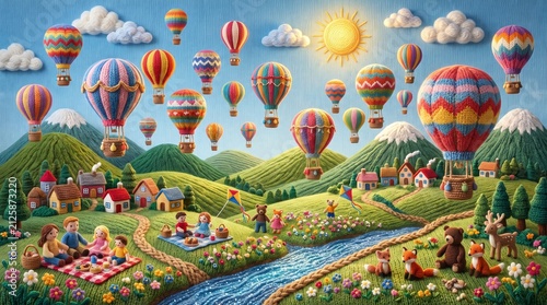 Handmade Yarn Art Knitted Landscape Flat Textile Art with Hot Air Balloons, Family Picnic, and Cute Animals