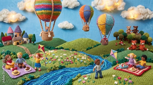 Handmade Yarn Art Knitted Landscape Flat Textile Art with Hot Air Balloons, Family Picnic, and Cute Animals