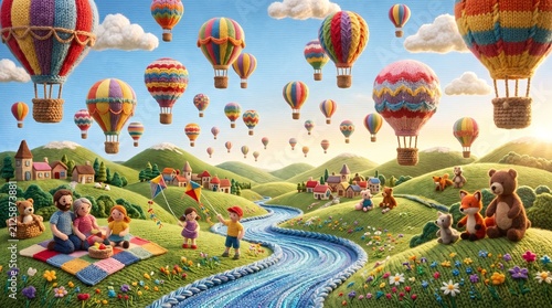 Handmade Yarn Art Knitted Landscape Flat Textile Art with Hot Air Balloons, Family Picnic, and Cute Animals