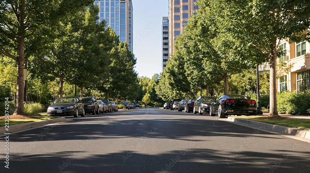 Fototapeta premium Tree-lined street with parked cars and modern buildings in a suburban or urban setting