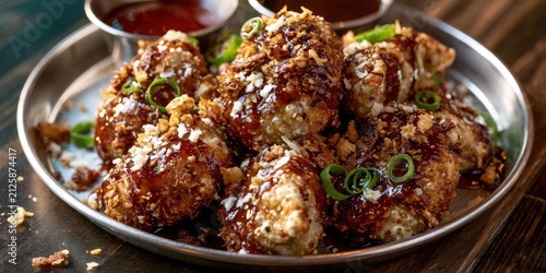 Crispy glazed chicken wings garnished with green onions and garlic on a metal platter with sauce