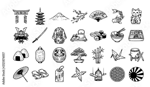 Japanese Culture Elements Hand Drawn Doodle Vector Collection with Traditional Symbols on White Background