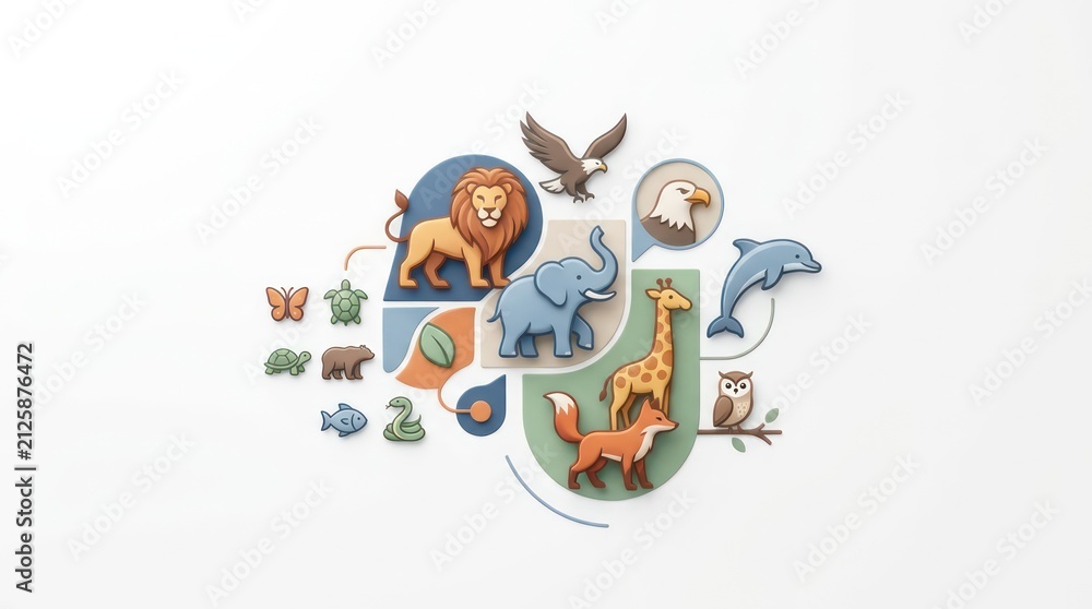 Fototapeta premium Interconnected wildlife icons depicting an ecological network