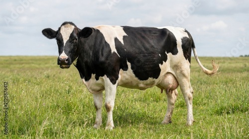 Black and white Holstein cow standing in a green grassy field under a cloudy sky.