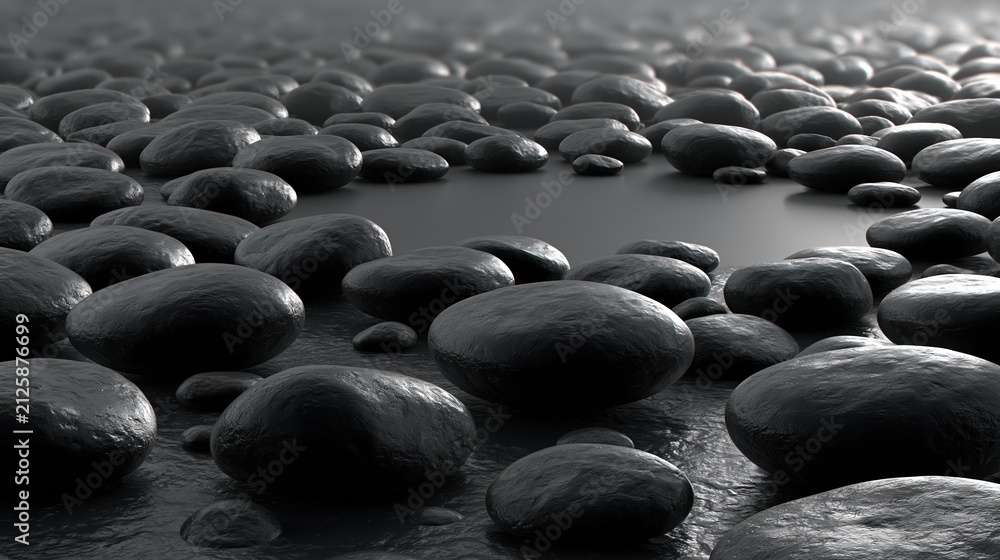 Obraz premium Arrangement of smooth, dark, wet stones in a circle on a reflective surface, creating a serene and balanced composition