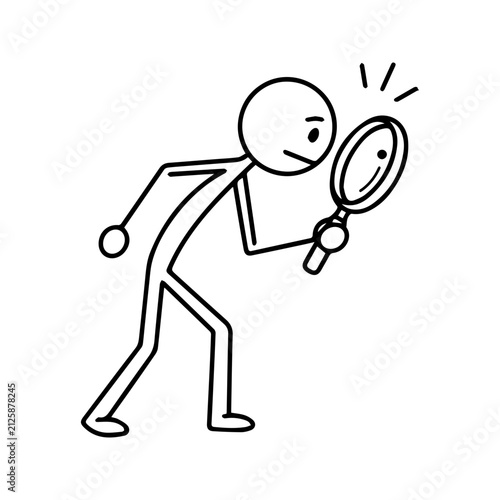 Stick figure character looking through magnifying glass to investigate
