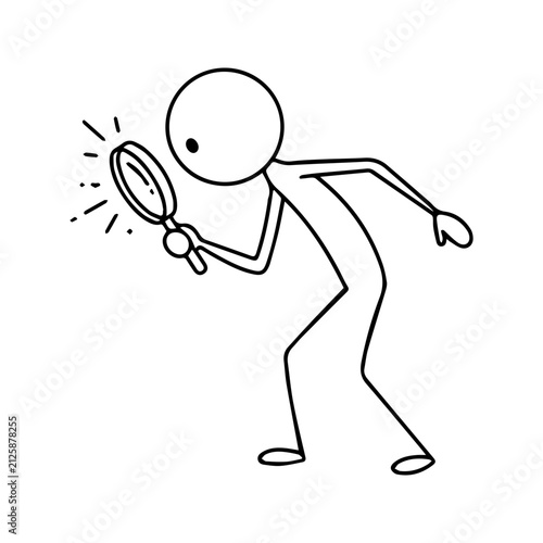 Stick figure character looking through magnifying glass to investigate
