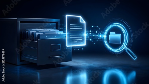 Seamless digital document management system efficiently searching and organizing crucial files within a futuristic data cabinet, emphasizing modern information retrieval technology.