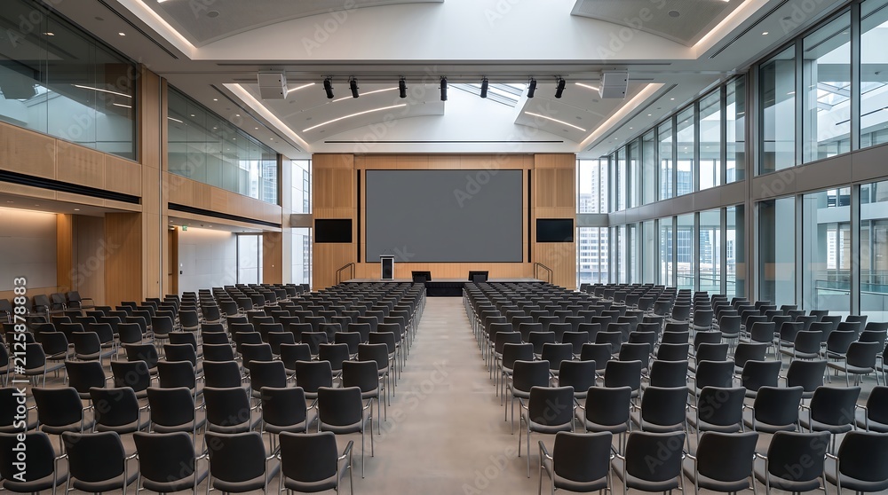 Naklejka premium Contemporary conference room with rows of empty chairs facing a large blank screen.