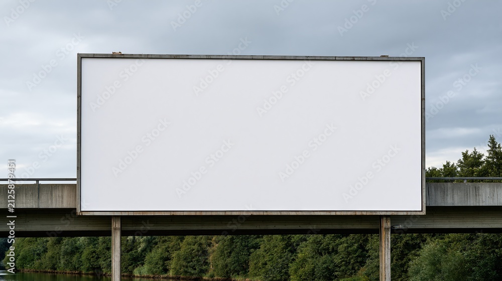 Fototapeta premium Blank Billboard Sign on Highway Overpass with Forest and Cloudy Sky Background