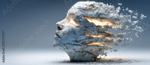 Fragmented sculpture of human head made of cracked stone layers reveals glowing core of warm light, symbolizing transformation and emotion