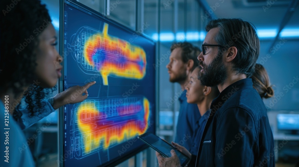 Fototapeta premium Diverse team of engineers analyzing thermal heat maps on a large digital display in a lab