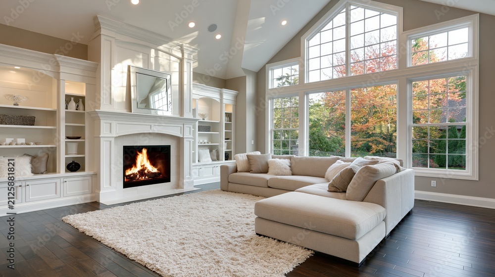 Obraz premium A modern living room with a fireplace and large windows overlooking a beautiful autumn landscape