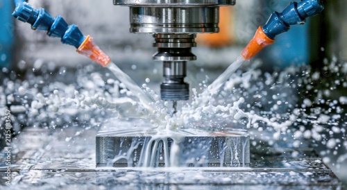 Precision cnc milling machine with coolant jets spraying on a metal workpiece during machining