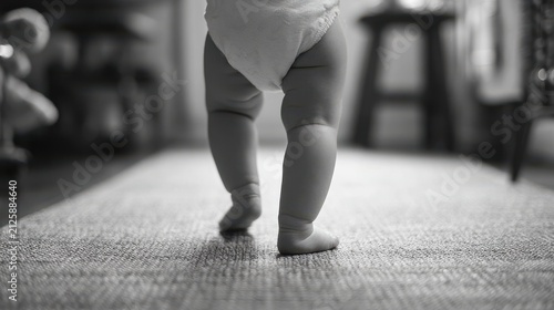 Black and white photo of a babys first steps on a textured carpet in a softly lit room