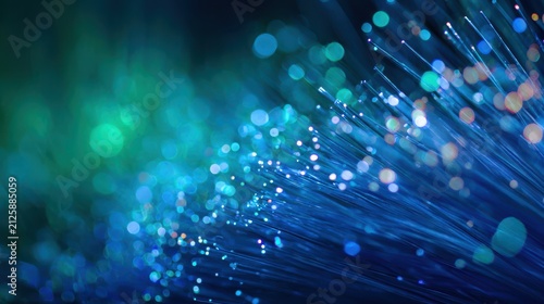 Abstract image of glowing fiber optic strands with vibrant blue and green bokeh effect background