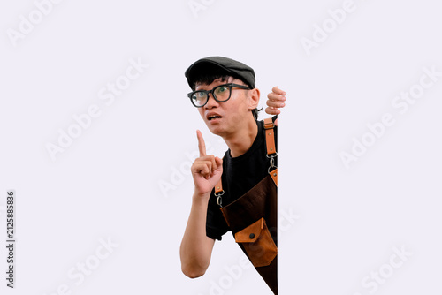 Cuadro en lienzo Barista Pria muda memakai kacamata dan topi, menunjuk ke atas
