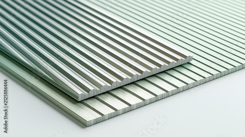 A stack of silver metal sheets with a ribbed texture on a white surface