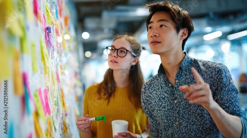 Two young professionals brainstorming with colorful sticky notes in a modern office environment