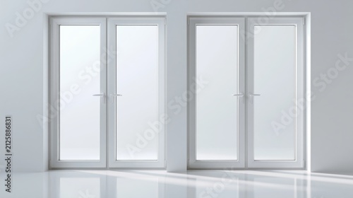 A minimalist interior with two sets of white double doors in a plain room
