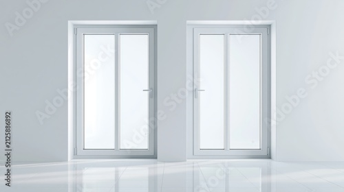 Two white doors in a minimalist room with a shiny floor and plain wall