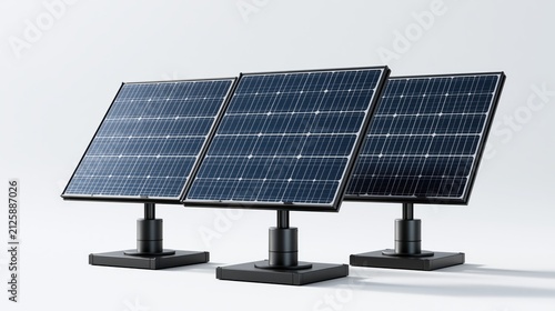 Three solar panels standing on adjustable black stands against a white background
