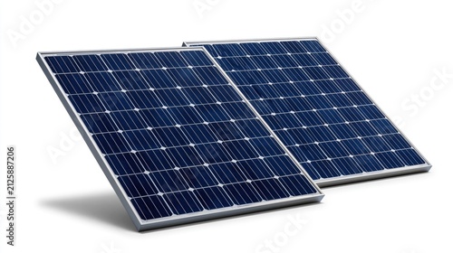 Two solar panels are positioned at an angle on a white background for renewable energy