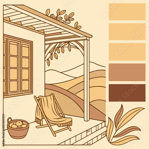 Cozy mediterranean porch illustration with color palette and tropical plants, landscape