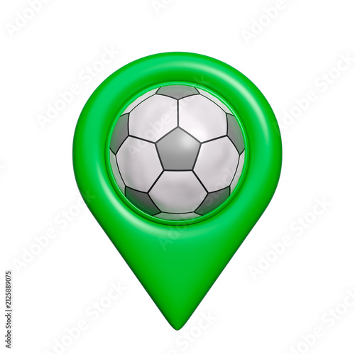Sports venues or stadium location and navigation concept icon featuring a soccer ball and location pin symbol. 3D render
