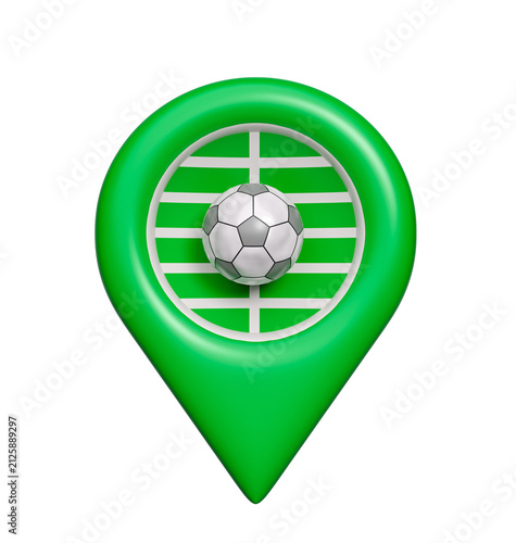 Sports venues or stadium location and navigation concept icon featuring a soccer ball and location pin symbol. 3D render