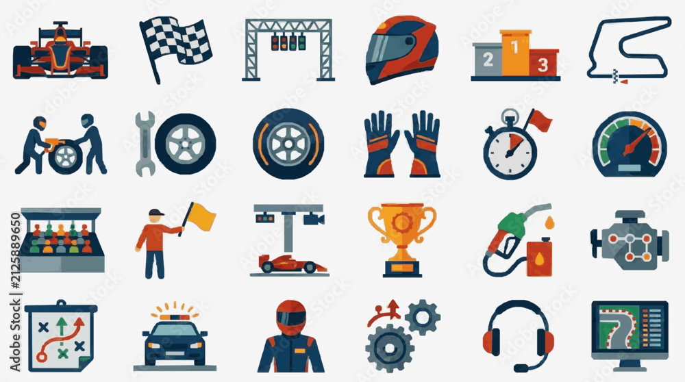 Fototapeta premium Corporate Set of Flat Racing Icons Featuring Formula Cars Mechanics Pits and Motorsport Elements