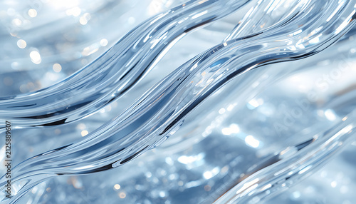 Abstract Liquid Flow: A close-up, abstract view of shimmering liquid in cool blue tones, with dynamic, flowing lines and sparkling highlights suggesting movement and purity.