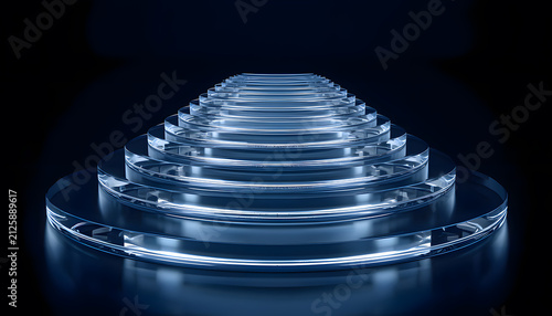 Ascending Steps to Success: A series of glowing, translucent circular platforms rise in a symmetrical, tiered formation, suggesting progress, innovation, and a journey towards an elevated state.