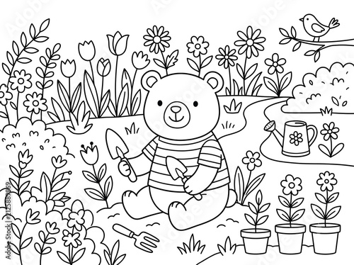Cute little bear sitting in a flower garden coloring page outline vector illustration