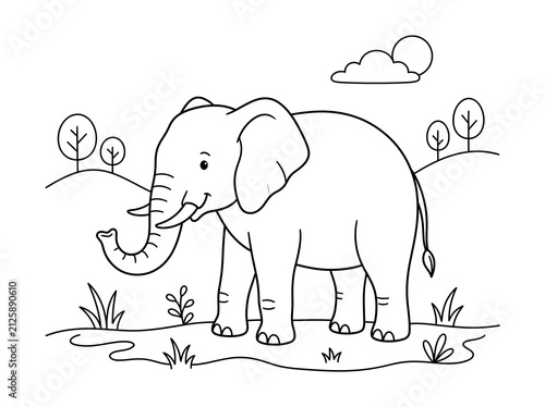 Cute elephant coloring page line art outline illustration for children with elephant