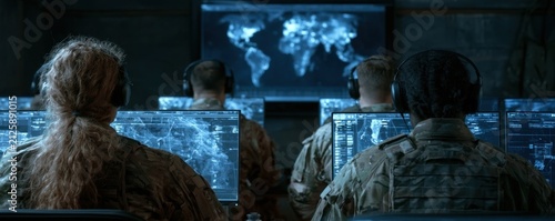Four military personnel in digital camouflage uniforms monitor multiple computer screens displaying a world map in a dimly lit command center