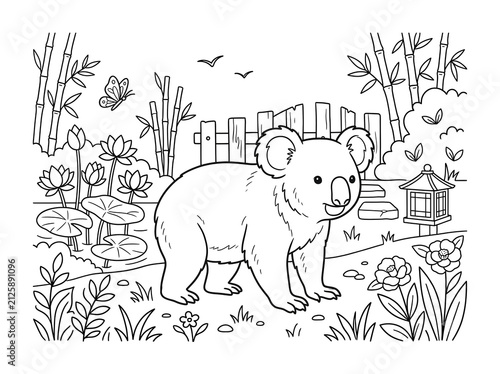Cute koala walking in bamboo forest coloring page outline illustration with coloring
