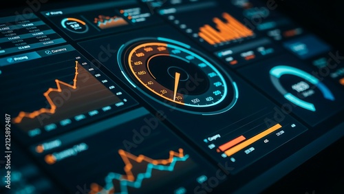 Modern digital dashboard displaying financial analytics with speedometer and performance graphs on futuristic screen interface