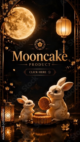 Luxury Mid Autumn Festival poster with golden moon, white rabbits, mooncake, lantern and Chinese calligraphy. Elegant oriental holiday design for greeting cards, advertisements, and festive branding.