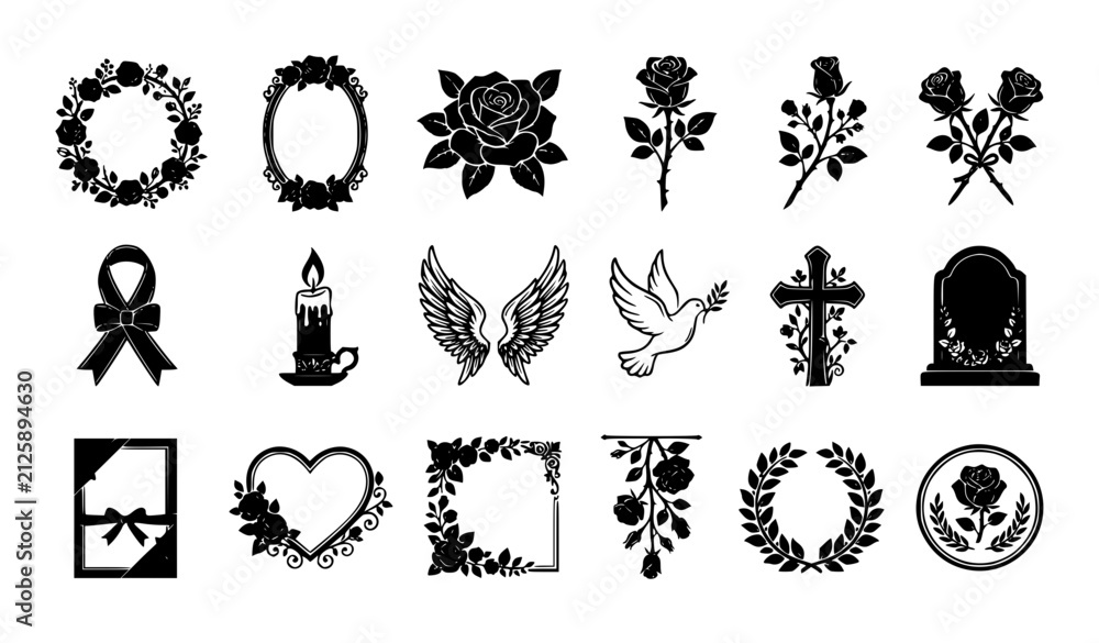 Obraz premium Funeral and Memorial Black Rose Floral Frame Vector Icon Set for Obituary Condolence and Sympathy Card Design