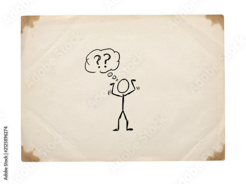 Vintage aged paper with hand drawn stick figure asking a question isolated on transparent background for concepts