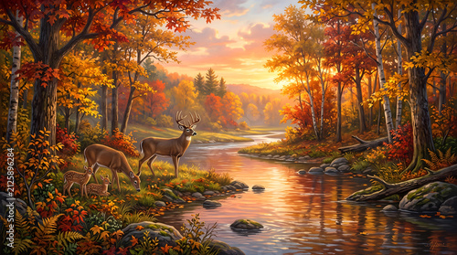 sunset in the forest, Golden autumn forest with colorful leaves, peaceful river, deer family, warm sunset, highly detailed digital painting