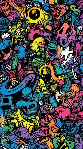 Chaotic Doodle with Whimsical Creatures and Vibrant Rainbow Colors on Black Background