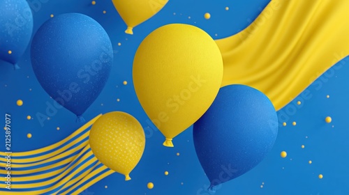 Abstract blue and yellow balloons with flowing fabric textures