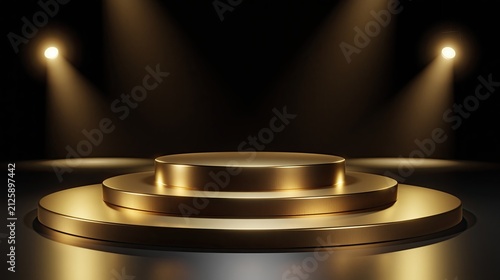Golden cylindrical podium stages with spotlight illumination on black background