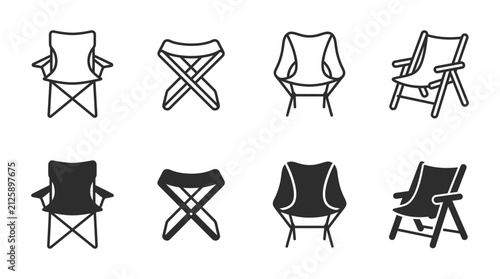 Various folding camping chairs and lightweight outdoor seating icon set with furniture recreation portable adventure