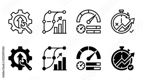 Set of business efficiency and productivity icons including gear adjustment data growth performance speed timeline