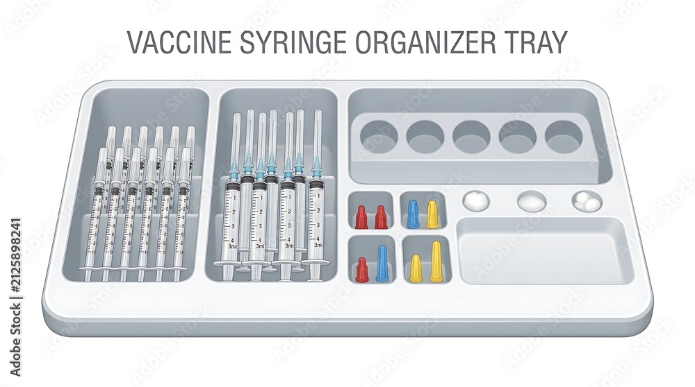 Fototapeta premium Vaccine syringe organizer tray. Medical plastic storage for immunization needles and vials.