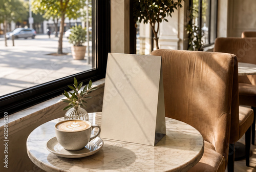 Blank paper table tent menu mockup on marble cafe table with coffee cup in natural sunlight. Organic modern restaurant card template with copy space for hospitality branding and design.